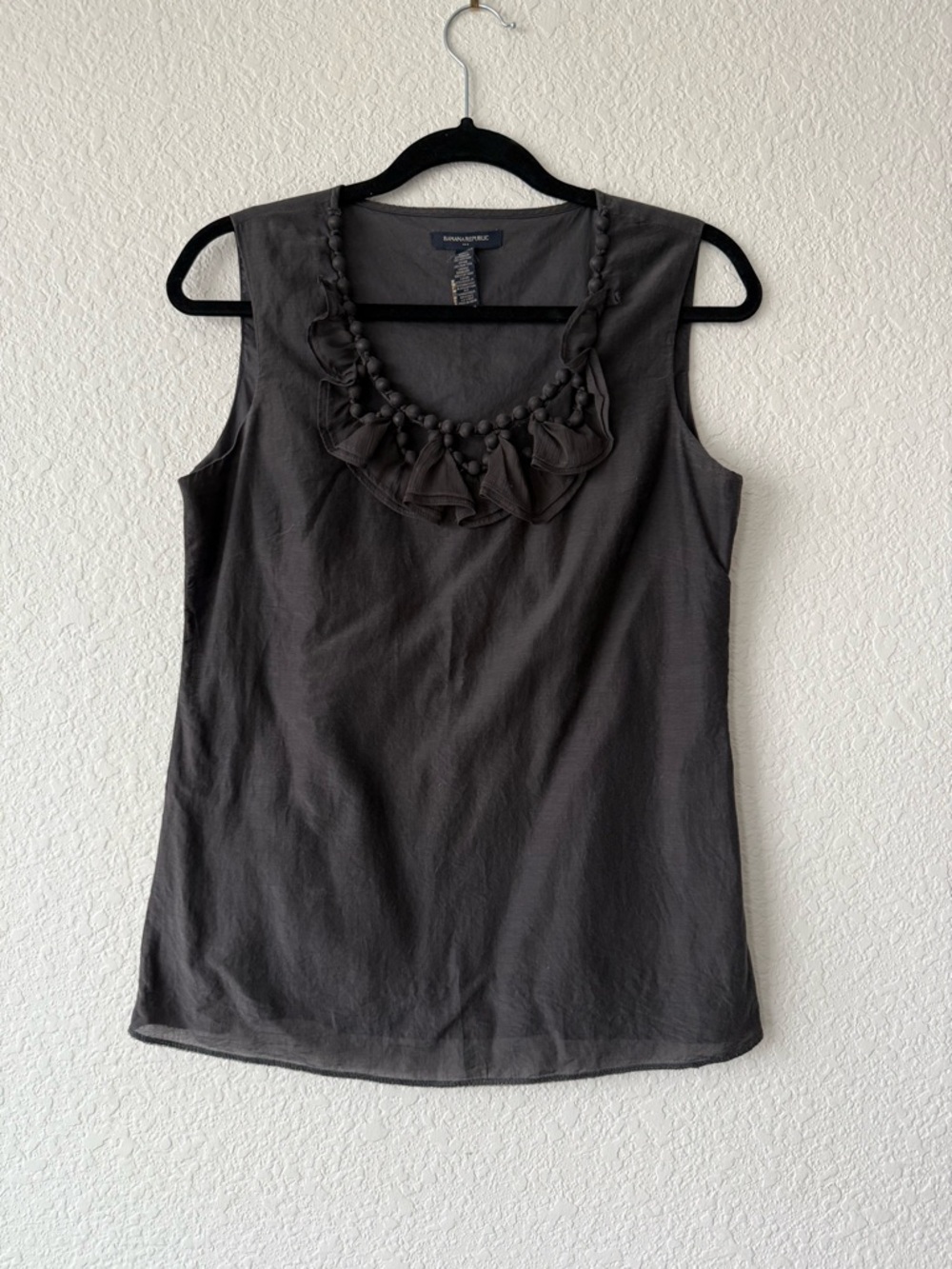 Banana Republic Dark Charcoal Ruffle Neck Sleeveless Shell